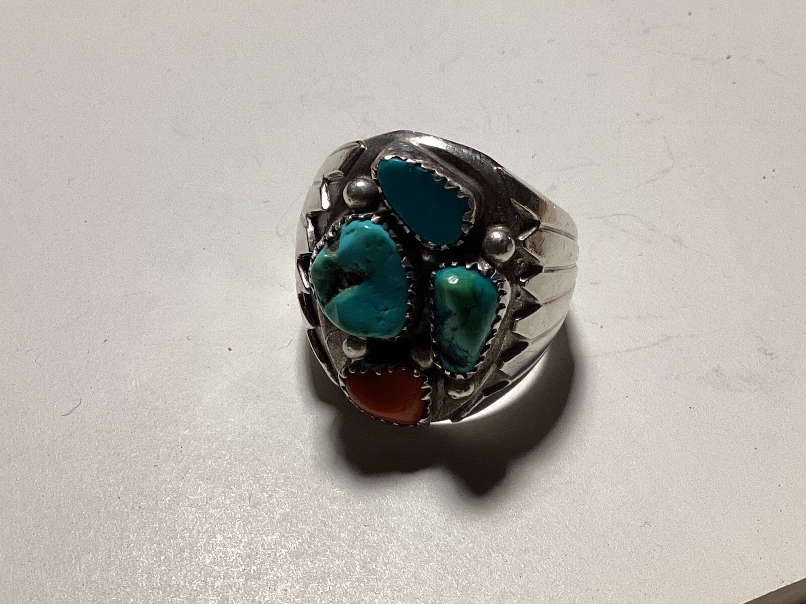 HUGE Vintage Navajo Sterling Inlay Turquoise And Coral Men's Ring Size ...