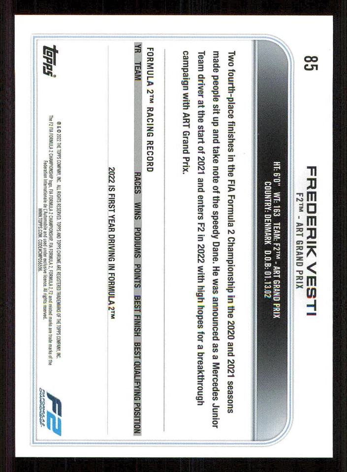 2022 Topps Chrome Formula 1 #85 Frederik Vesti - Image 2 of 2