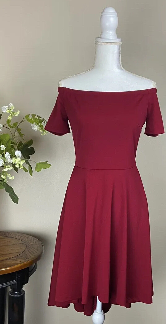 NWT Sz. L CQUY Dress A-line Flare Maroon High Low Hem Off Shoulder Stretch  | eBay