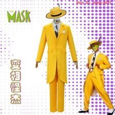 The Mask Jim Carrey Cosplay Costume Halloween Yellow Suit Carnival Uniform W/Hat