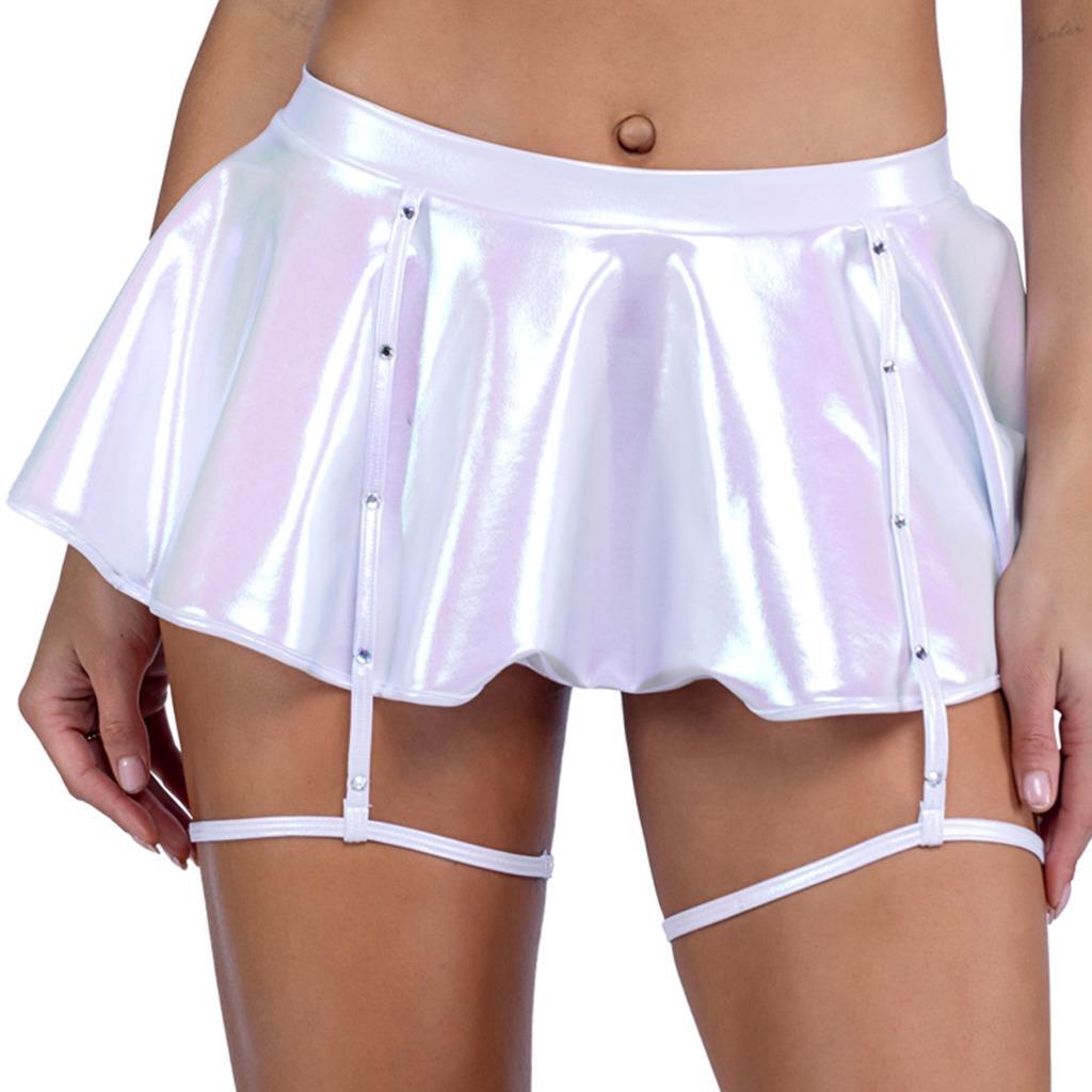 Metallic Iridescent Mini Skirt Rhinestone Straps Leg Garters Metallic Iridescent Mini Skirt Rhinestone Straps Leg Garters