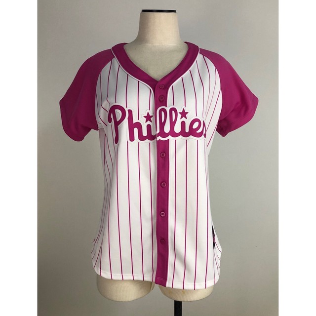 Phillies Women’s MLB Majestic Jersey Medium Pink White Stripes Button