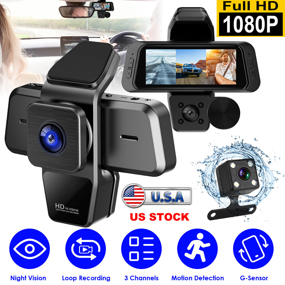 HD 1080P 3-Lens Dash Cam with Front Rear Inside Recording and G-Sensor-image