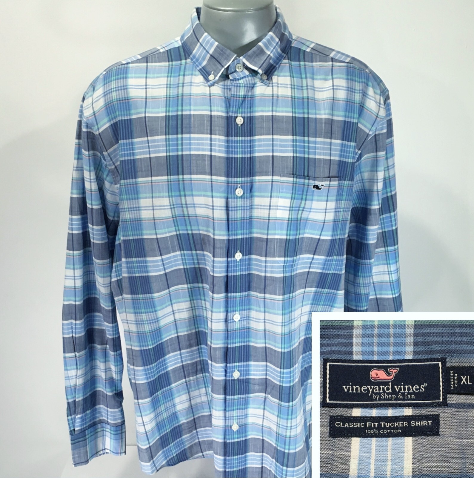 VINEYARD VINES XL Classic Fit Tucker Shirt Blue Plaid Long Sleeve Lightweight