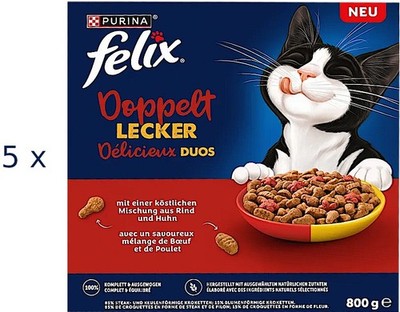Felix Doppelt Lecker 5 x 800g (  7,23/kg) Rind Huhn Duos Trockenfutter für Katze