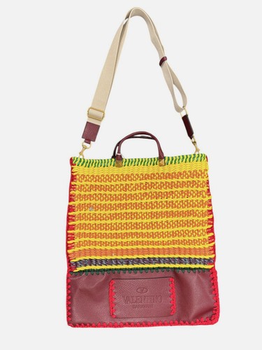 Valentino Garavani Women's Yellow Red Large Leather Fabric Flat Crochet Tote Bag