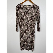 Tory Burch Dagny Silk Dress Brown Pink Floral Art Nouveau Jersey 3/4 Sleeve S