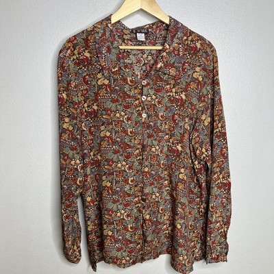 QUO-SILK Shirt Womens Brown Paisley 100% Silk Button Front Long Sleeve Large