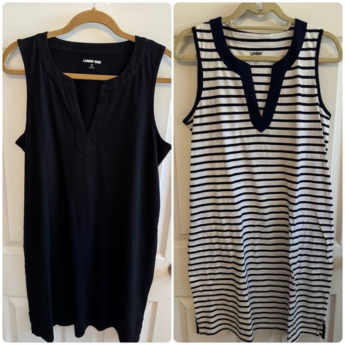 Lands' End Shift Dress 100% Cotton Blue Geometric Sleeveless V-neck