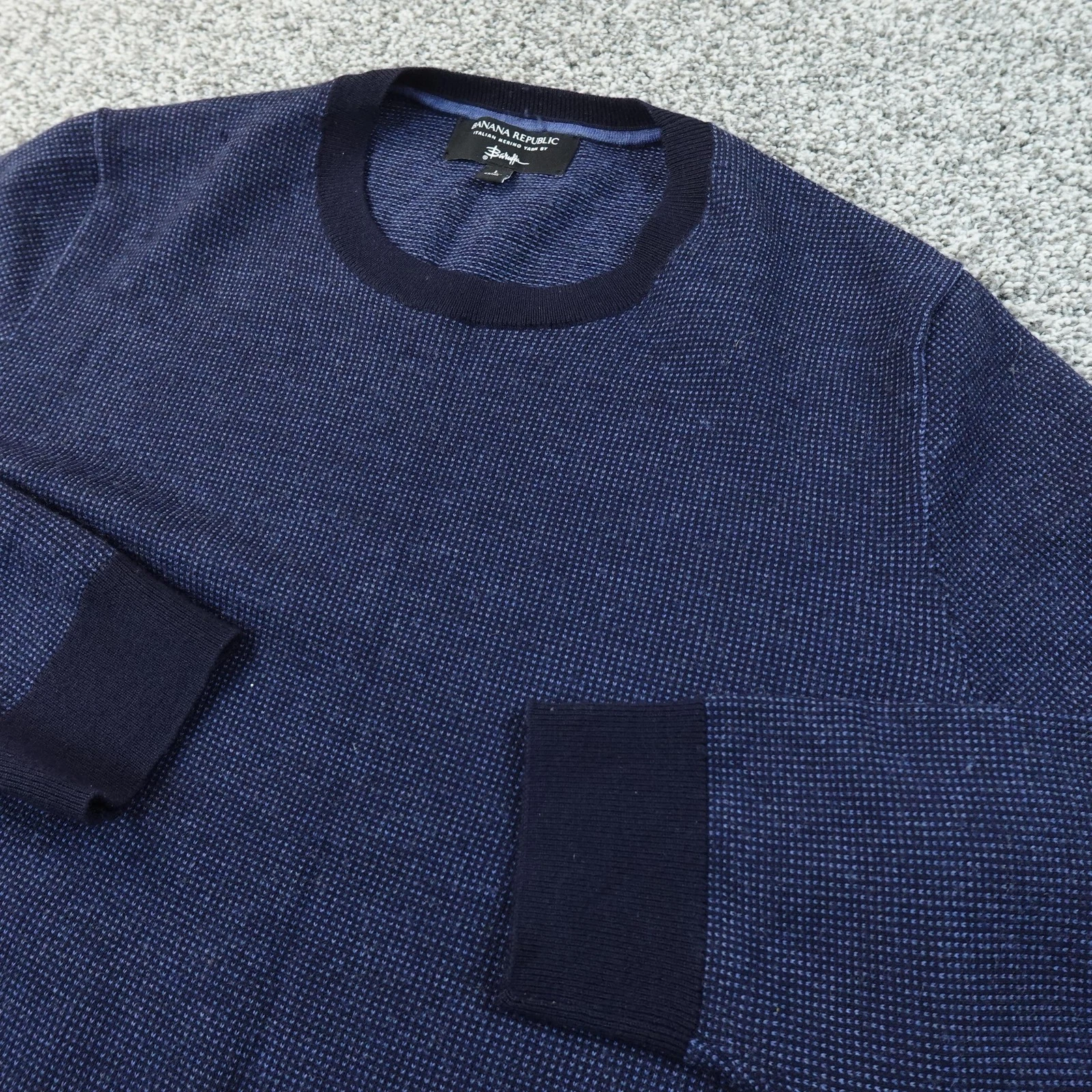 Banana Republic Sweater Mens L Blue Merino Wool Birdseye Knit Crewneck Pullover