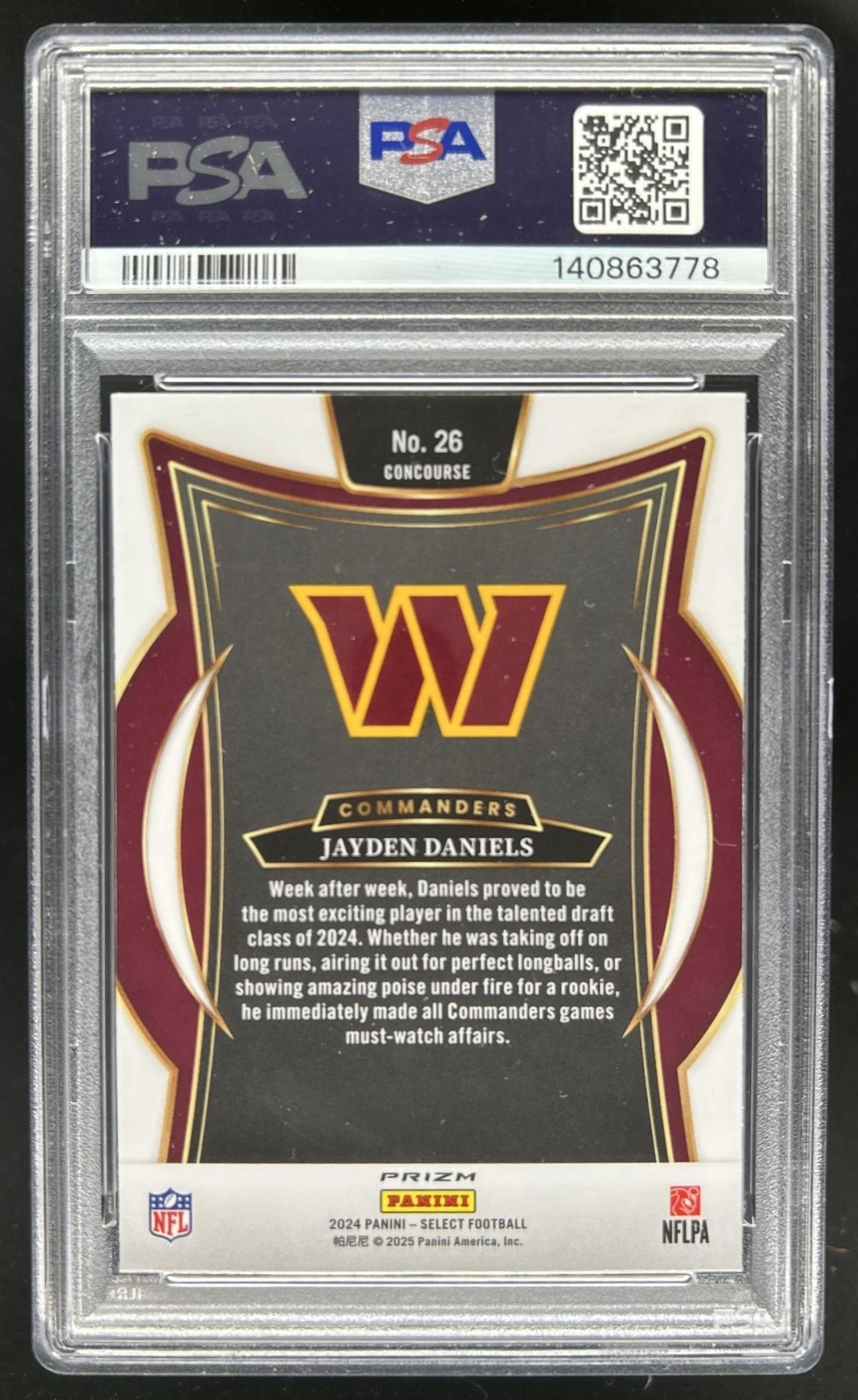 2024 Select Jayden Daniels Concourse RC Black and Gold Prizm Shock #26 PSA 9 view 2