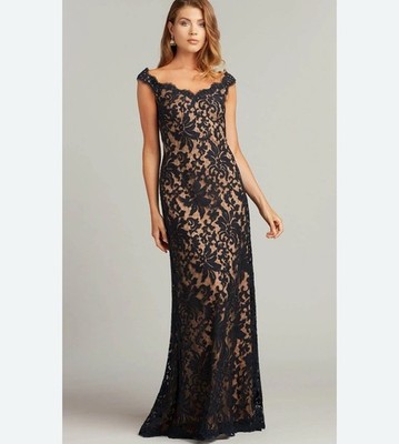 TADASHI SHOJI Women s 12 Conder Navy Blue Gown Dress Floral Embroidered Evening
