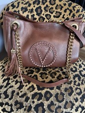 Valentino Brown Studded Shoulder Bag with Chain  Tassel Accents