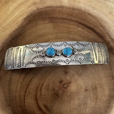 Vintage Navajo Tested Sterling Silver Turquoise Hair Barrette Hand Stamped
