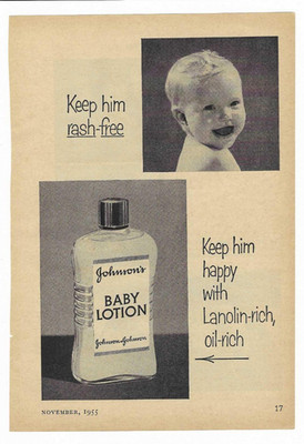 Johnson's Baby Lotion Lanolin Rich Oil Rash Free Babies Smiling 1955 Print Ad