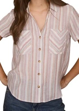 Natural Multicolor Stripe Short Sleeve Button Down Top 