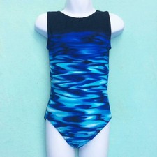 Gymnastics leotard Girls sz CS Child 4 blue shades swirly abstract NEW Bounce c-