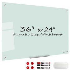 Magnetic Glass Dry Erase Whiteboard 36x24 Inch Frameless with Marker Tray