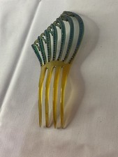 Art Deco Celluloid Blue Rhinestone Hair Comb vintage large 4 tong
