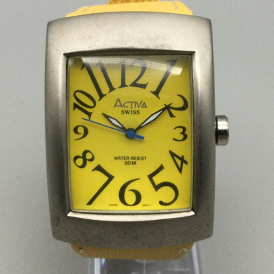 Activa Swiss Watch Womens 37mm Silver Tone Yellow Dial 30M Tonneau New Battery