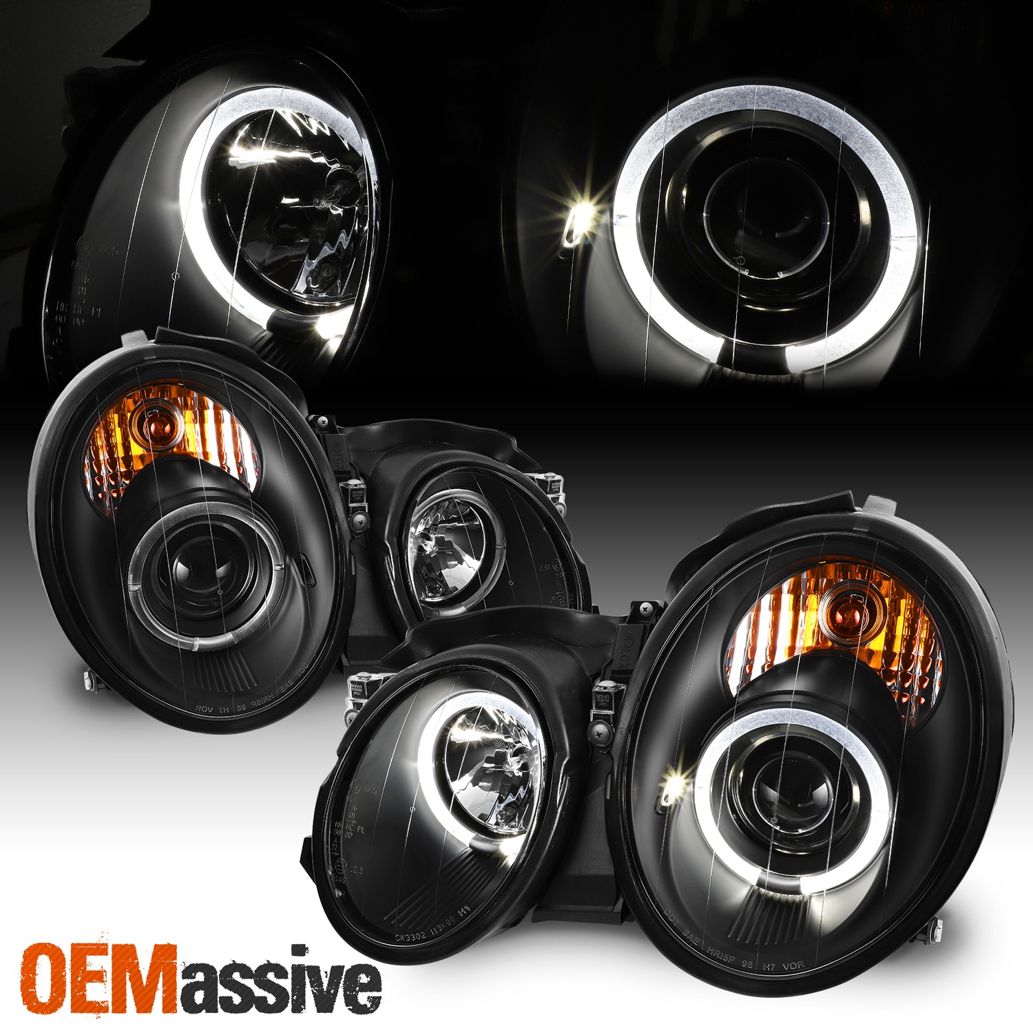 Fits 98-02 Mercedes Benz W208 CLK-Class JDM Black Dual Halo Projector Headlights
