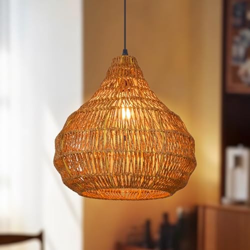 Lampada a sospensione in rattan, lampadario in vimini paralume soffitto 40cmx40cm - Foto 3 di 8