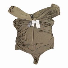 NWT - Express Body Contour Silky Compression Off Shoulder Ruched Olive Bodysuit