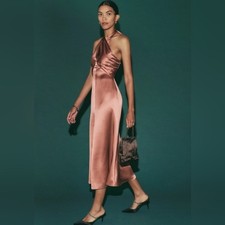 Reformation Maddison Silk Dress Praline Pink Brown Halter Midi Womens 12 NEW