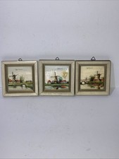 VTG Decorative Hand Painted Framed  x 3 Dutch Tiles Windmill Scenes 10x10 Cms 