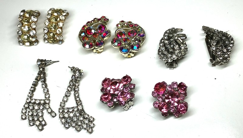 Vintg 5 BSK Hollycrfaft Weiss Judy AB Multicolor Rhinestone Gold Silver Earrings