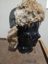 Mad Bomber Brown Leather Bomber Trapper Hat XL Real Rabbit Fur 