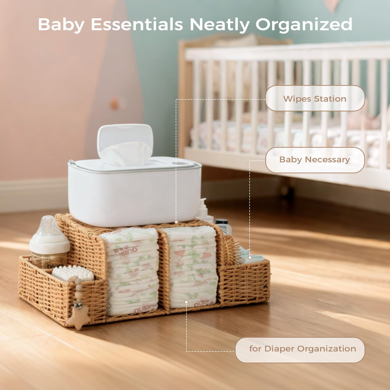 Diaper Caddy Organizer, Hand Rattan Nursery Storage Basket for Baby Essential... thumbnail 5