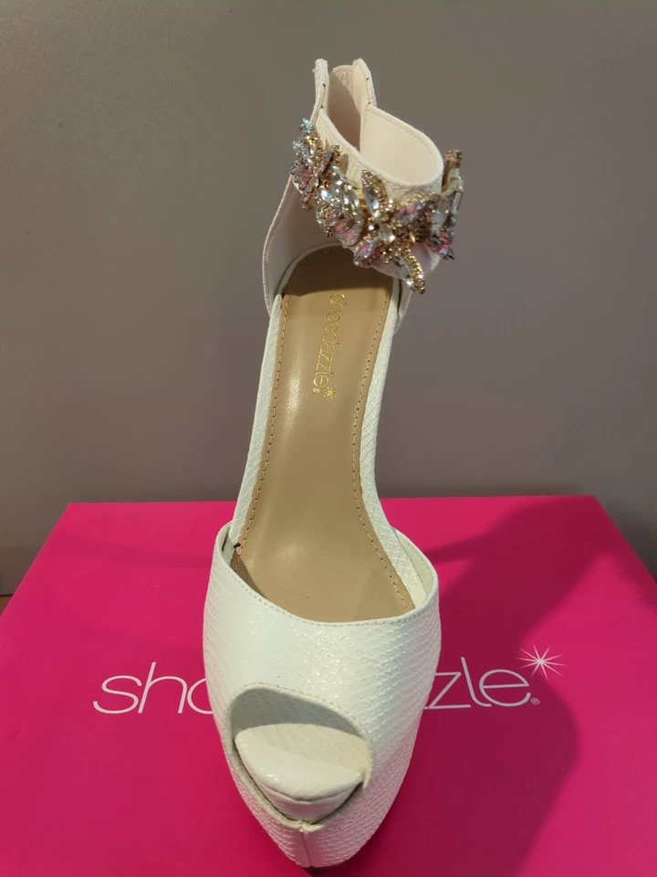 NUEVO RHINSTONE BLANCO SERPIENTE STILLETTO TACONES PLATAFORMA ZAPATOS IMITACIÓN CUERO 8 Foto 2 de 4