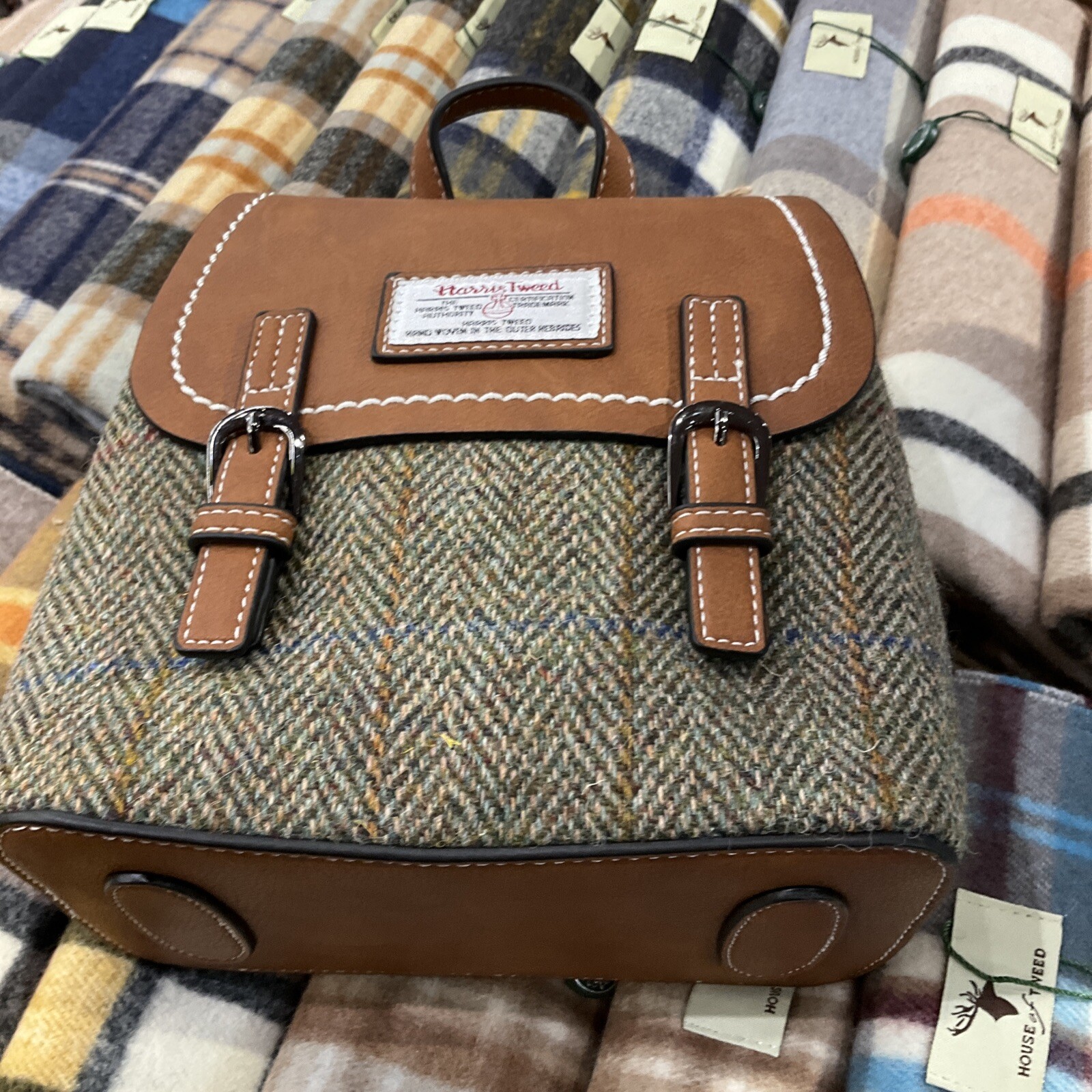 Harris Tweed Backpack Chestnut Herringbone Tartan PU Leather 24cm x 12cm x 28cm - Picture 6 of 7