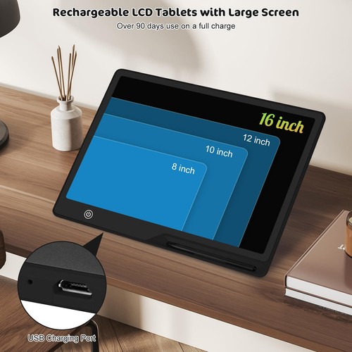 Tableta de escritura LCD de 16 pulgadas para niños recargable borrable tablero de garabatos color... - Imagen 2 de 7