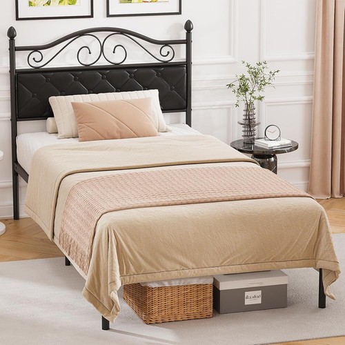 11.2'High Twin Size Metal Bed Frame + Upholstered Headboard No Box Spring Needed - Picture 18 of 28