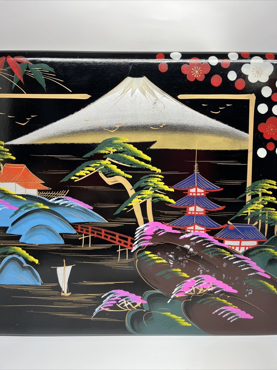 1960's Y.S. Hand Painted Japan Black Lacquer Wood Photo