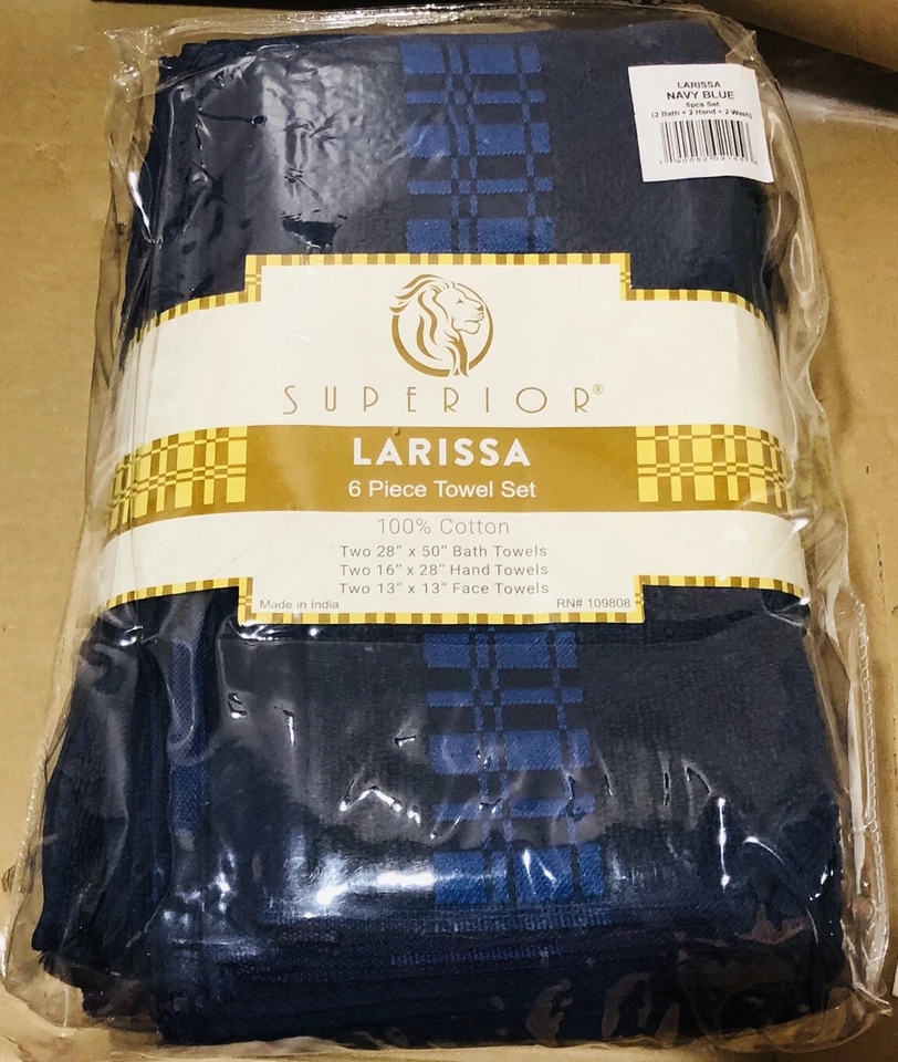 Juego de toallas SUPERIOR Larissa azul marino borde a cuadros 6 piezas 100 % algodón, India Foto 2 de 4