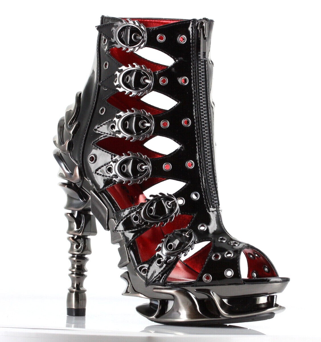 Hades CRIMSON Black Patent Ankle Boots Buckles Eyelets 5