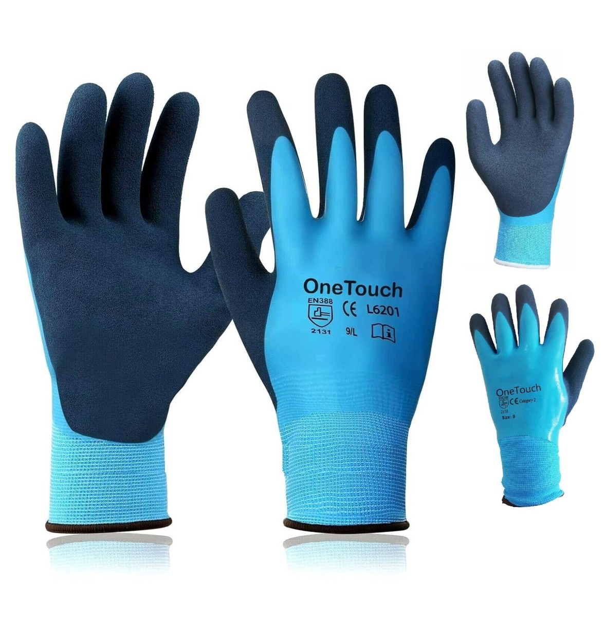 Waterproof Work Gloves Blue Fully Latex Coated Builders Construction Garden  Men