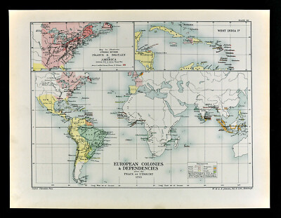 1902 Oxford History World Map European Colonies 1713 America West Indies India Ebay