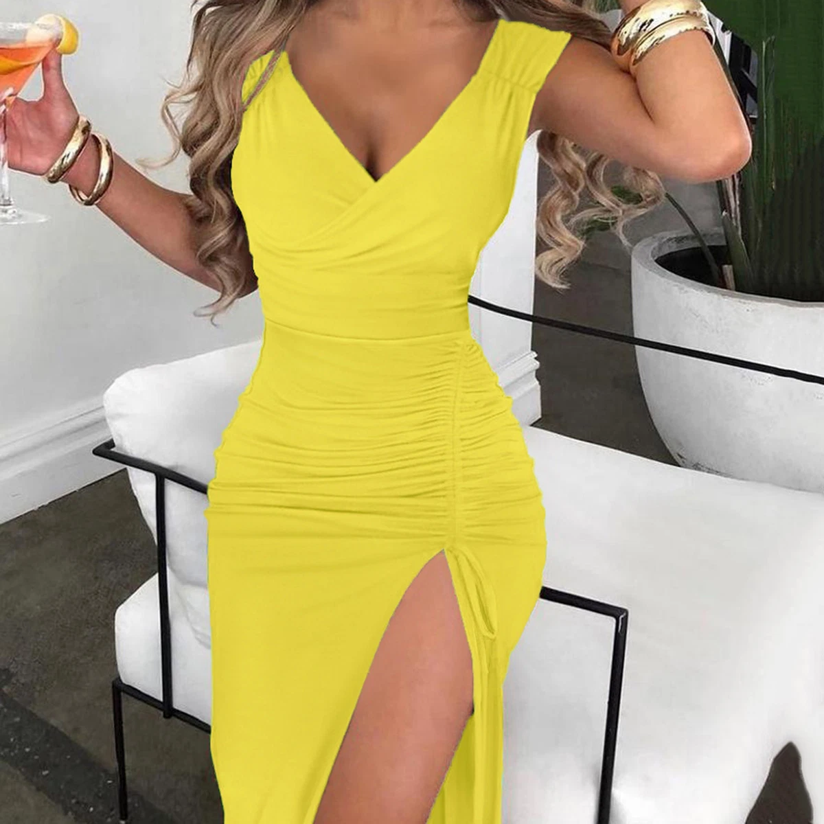 Party Dress Waist Tight Shirring Bright Color Sleeveless Beach