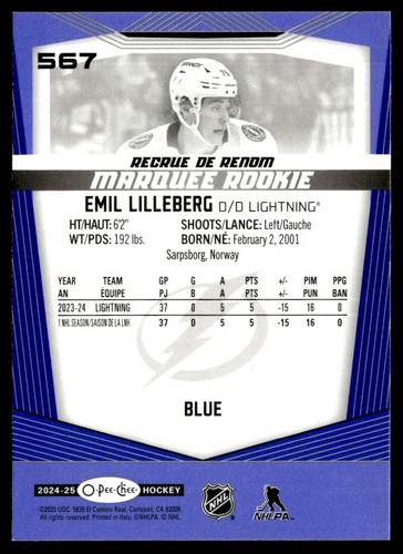 2024-25 O-Pee-Chee Marquee Rookie Blue #567 Emil Lilleberg RC - Picture 2 of 2