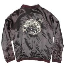 VTG 1970s Satin Bomber Jacket Black Burgundy Free Flow Productions Records Steve