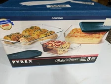 Pyrex Corning Bake N Store 1998 5 Piece Set Bakeware Glass With Lids USA Made