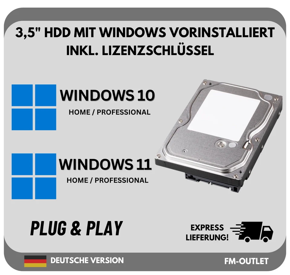 TOSHIBA 3,5" HDD Festplatte mit vorinstallierten Windows 10 Windows 11 PC COMPUTER