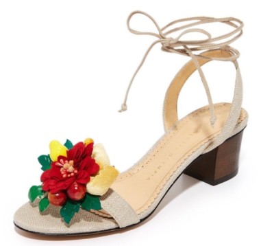 Sandales Charlotte Olympia TROPICAL TARA à Fleurs 3D - Taille 37 - Toile Beige, Talon Moyen - Neuves En Boîte