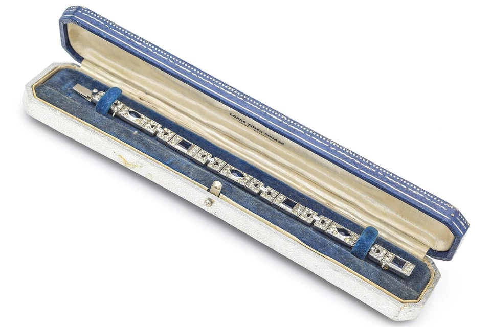 Старинный ар-деко посеребренный синий паста и стразы теннисный браслет + коробка - Изображение 4 из 4