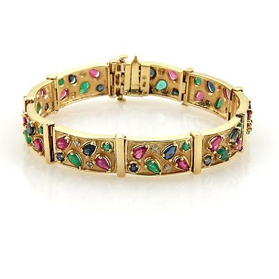 Ruby Sapphire Emerald Bracelet With Diamonds 14k Yellow Gold Bar Link 