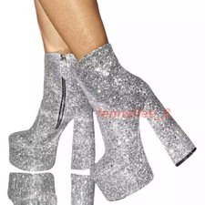 Women Ankle Boots Silver Glitter Platform Chunky Heels Short Boots Shoes Woman